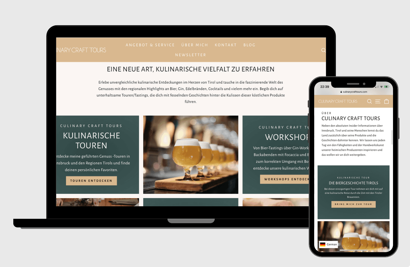 Culinary Craft Tours website shown on laptop and phone
