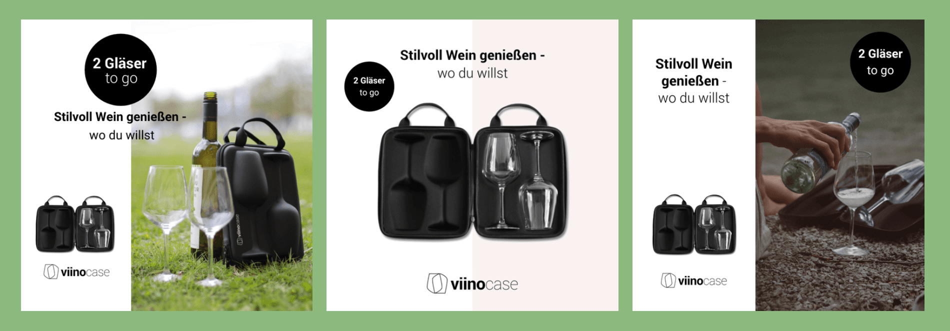 Viinocase Meta ad creatives: outdoor picnic shot, glasses-in-case detail, and pour shot